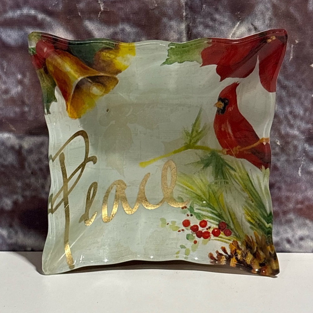 Christmas Poinsettia & Cardinal "Peace" Glass Serving Square Dish Square Display